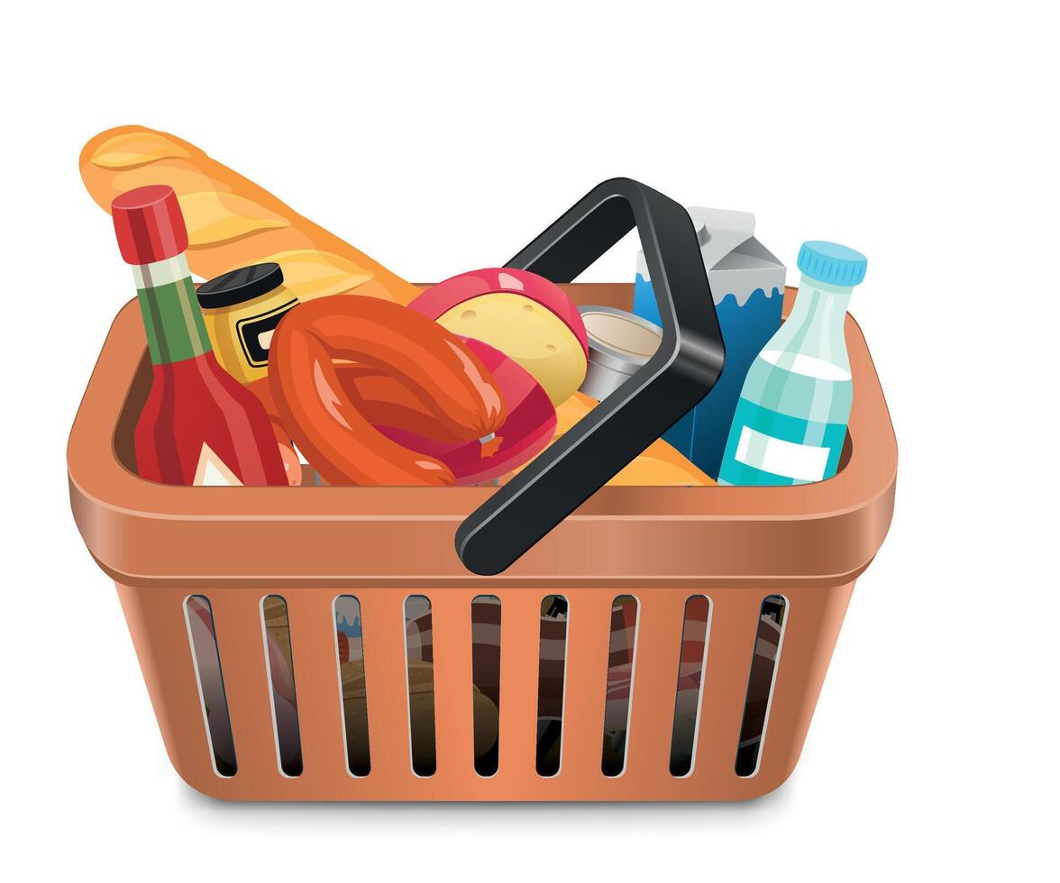 brown grocery basket icon with groceries isolated on white background vector