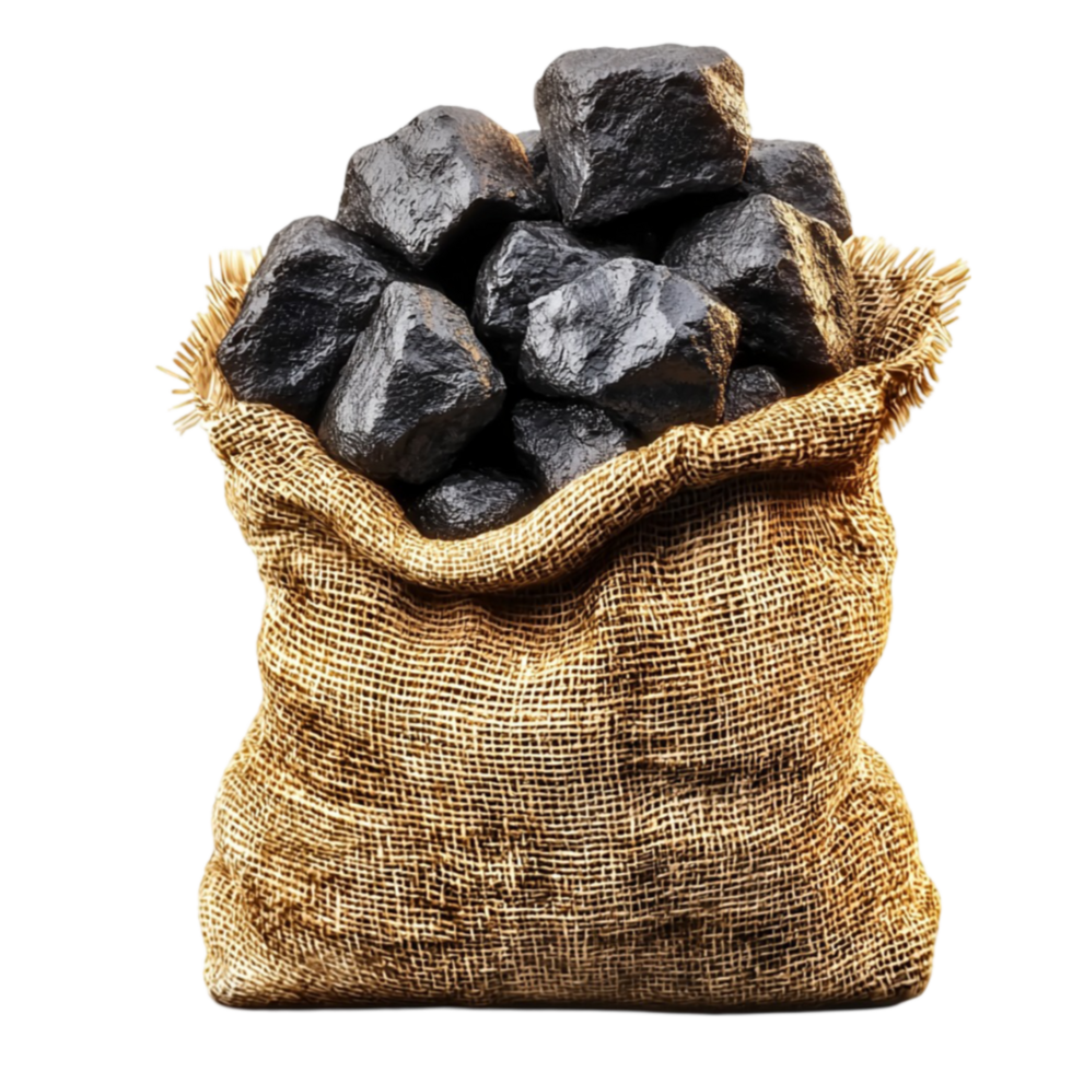 Coal rocks pile rk and heavy in a burlap sack symbolizing industrial power png