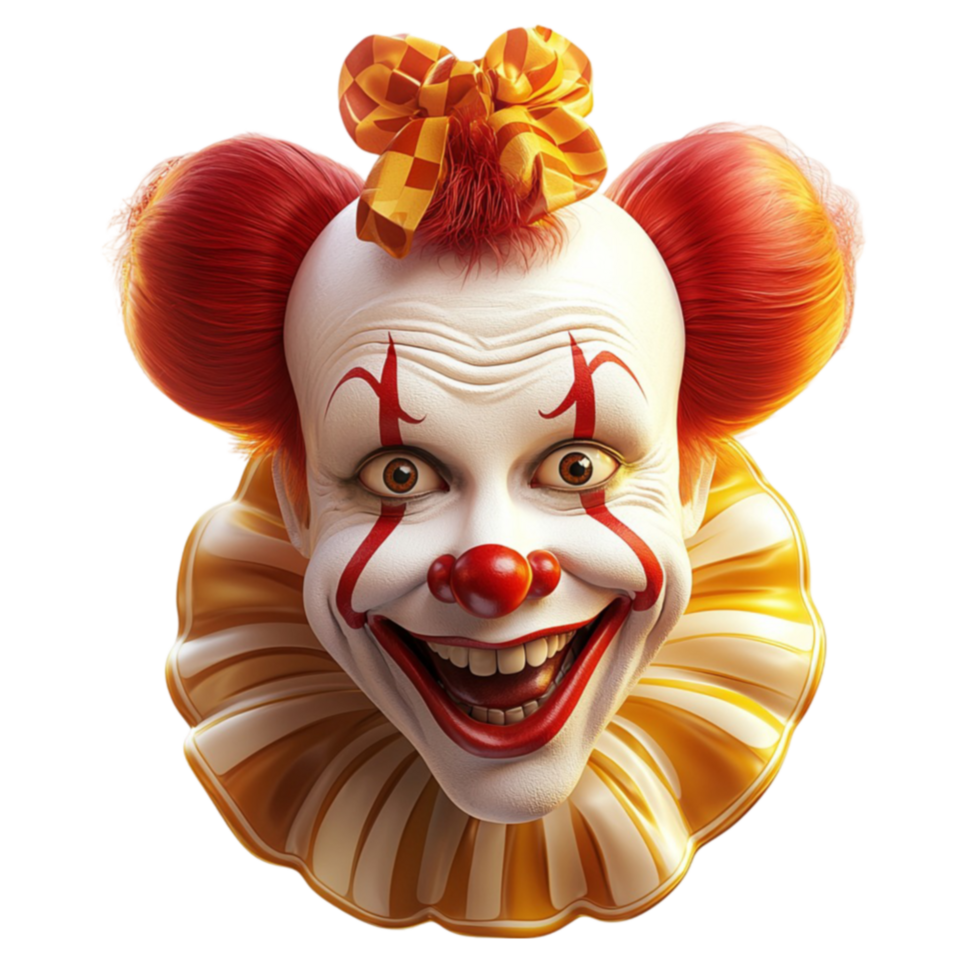 Creepy clown face grins with red hair and makeup evoking spooky circus vibes png