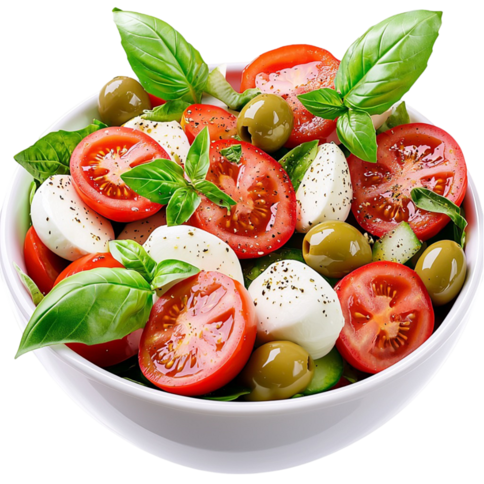 Colorful caprese salad with tomatoes mozzarella and olives looks and appetizing png