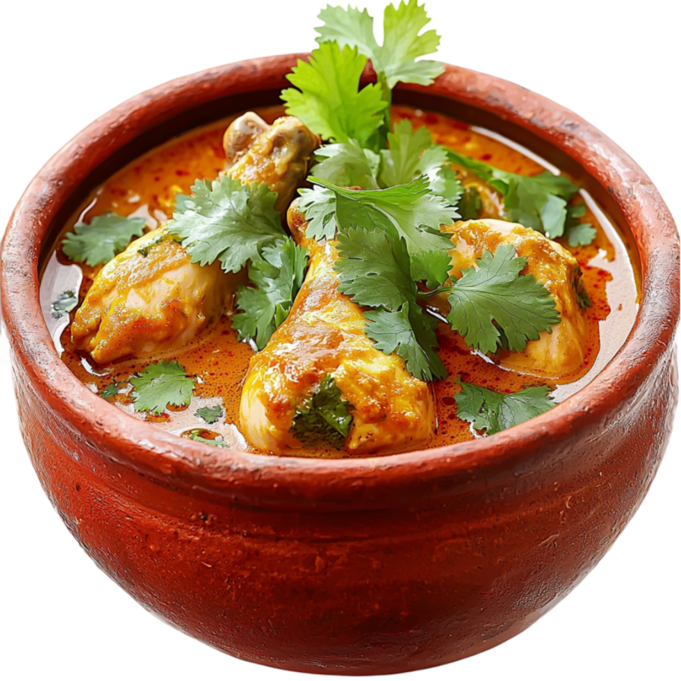 Clay bowl holds spicy curry with cilantro garnish tempting flavorful cuisine png