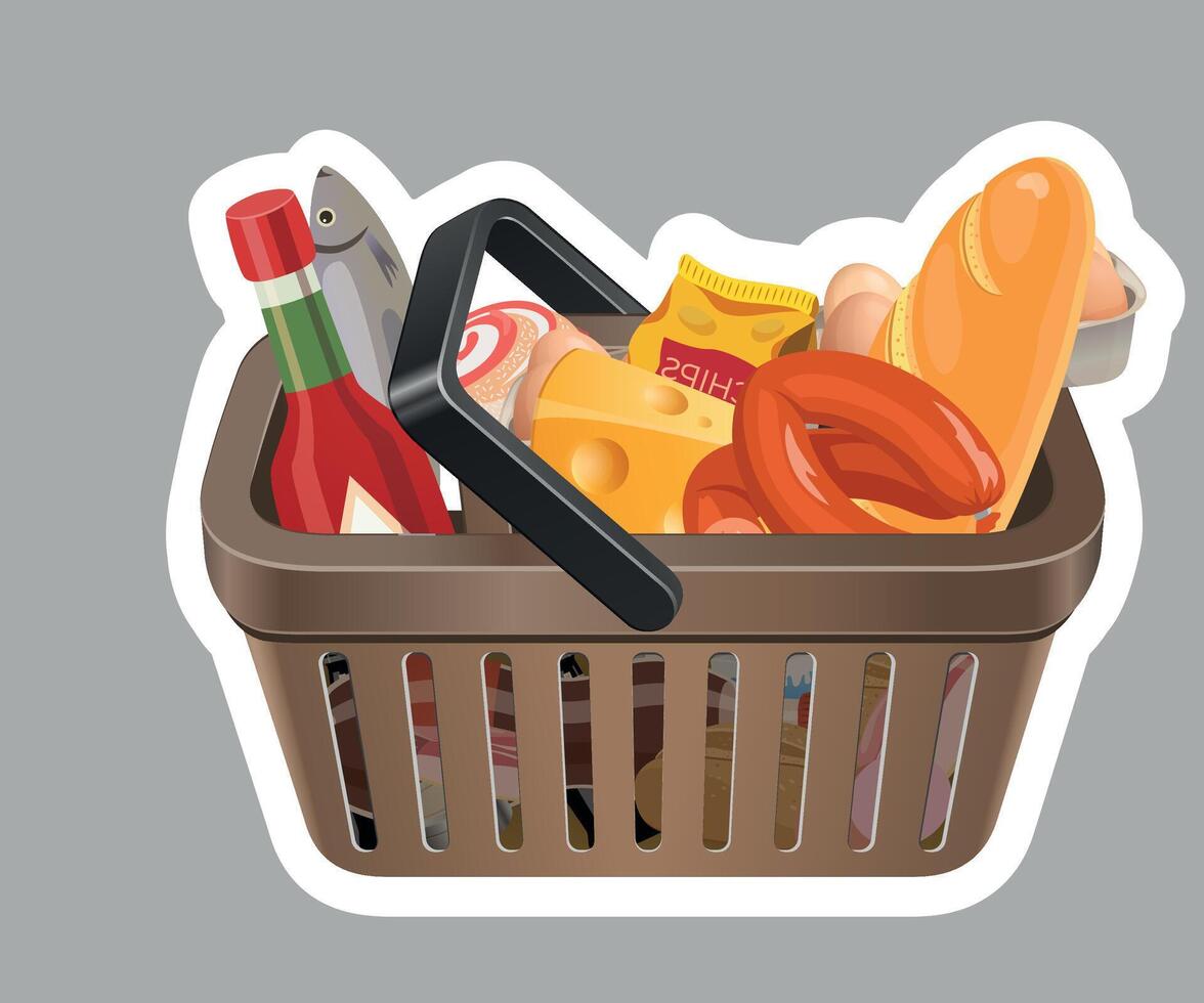 brown grocery basket sticker with products isolated on grey background vector