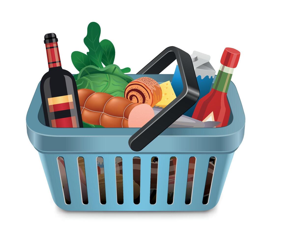 blue grocery basket icon with groceries isolated on white background vector