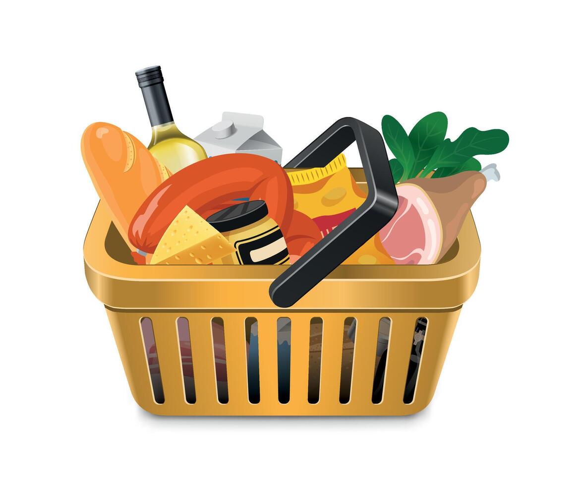 yellow grocery basket icon with groceries on white background vector