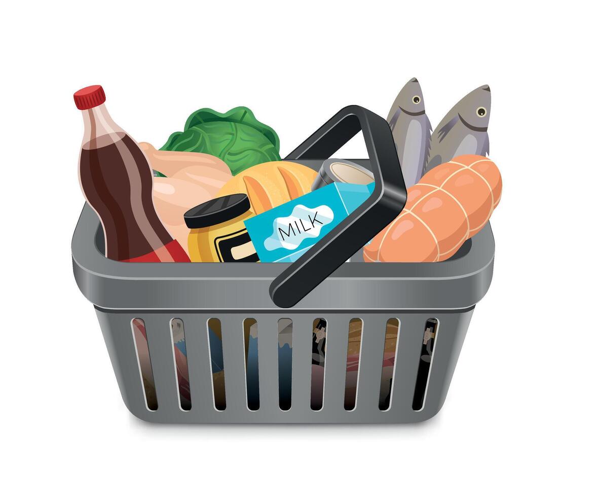 grey grocery basket icon with groceries on white background vector