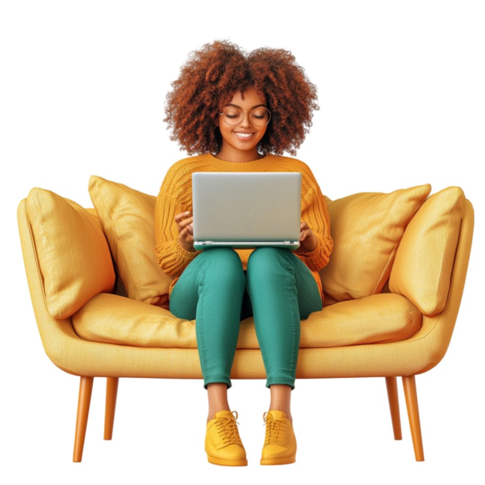 Woman sitting on a yellow couch with a laptop looks focused and ed png
