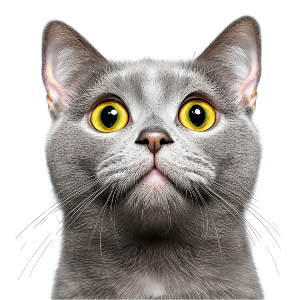 Wideeyed gray cat with fluffy fur and an alert expression looks curious and playful png