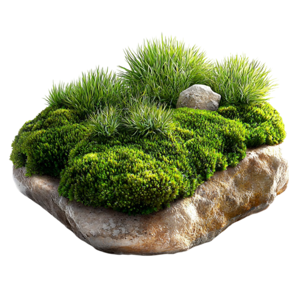 Small mosscovered rock with lush greenery looks natural and serene png