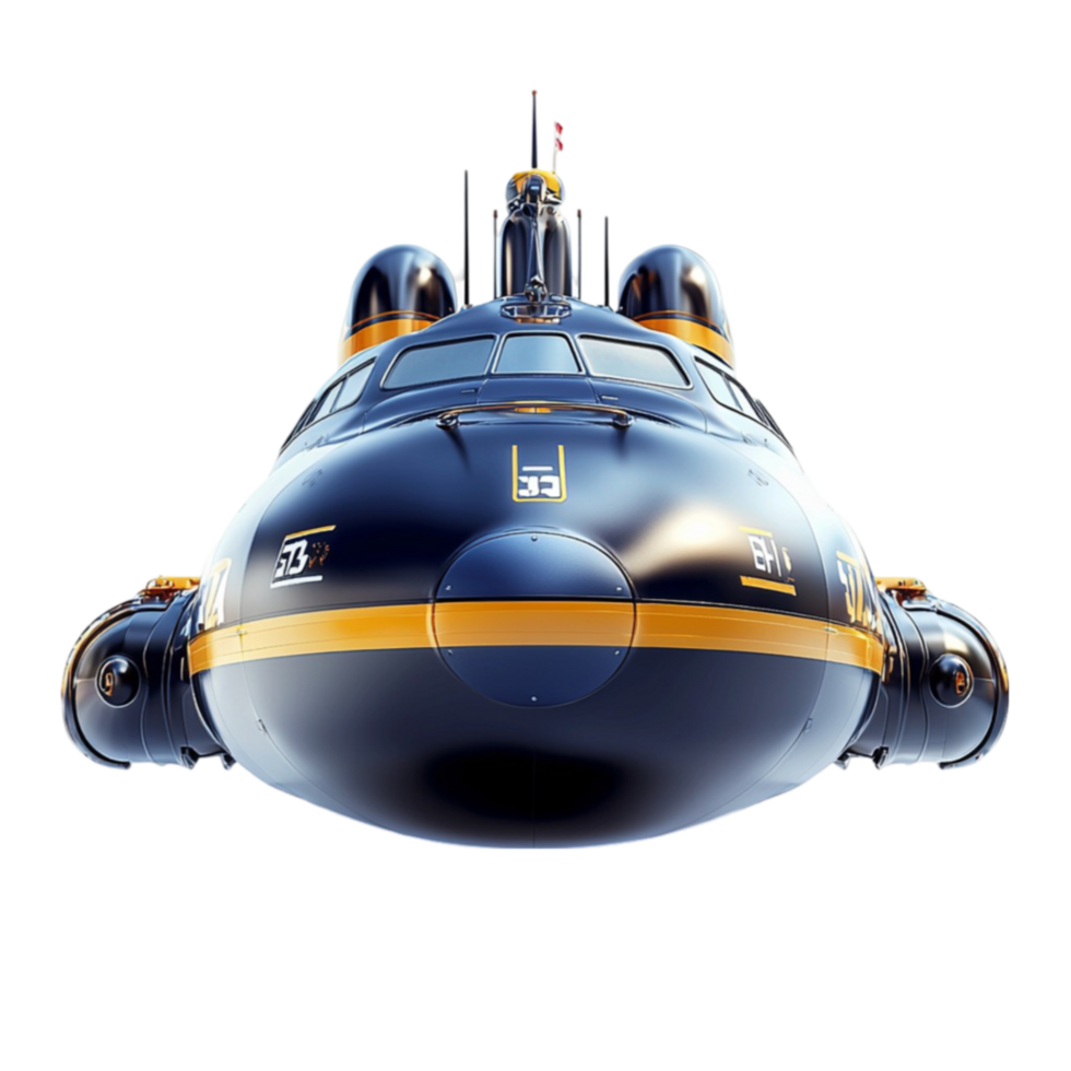 Futuristic navy blue submarine with antennas looks advanced and powerful png