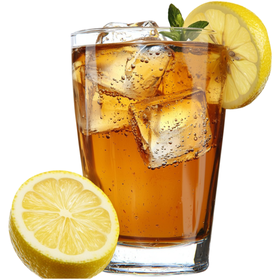 Reing glass of iced tea with lemon slices and ice cubes looks cool and png
