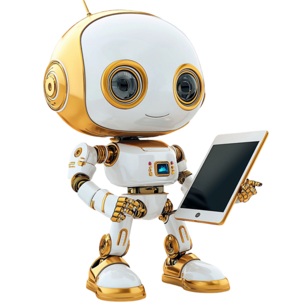 Small golden robot holding a tablet looks futuristic and friendly png
