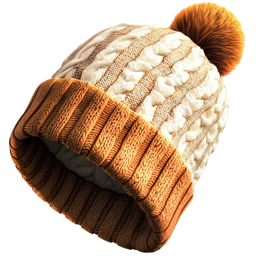 Warm knitted beanie with a fluffy pompom looks cozy and png