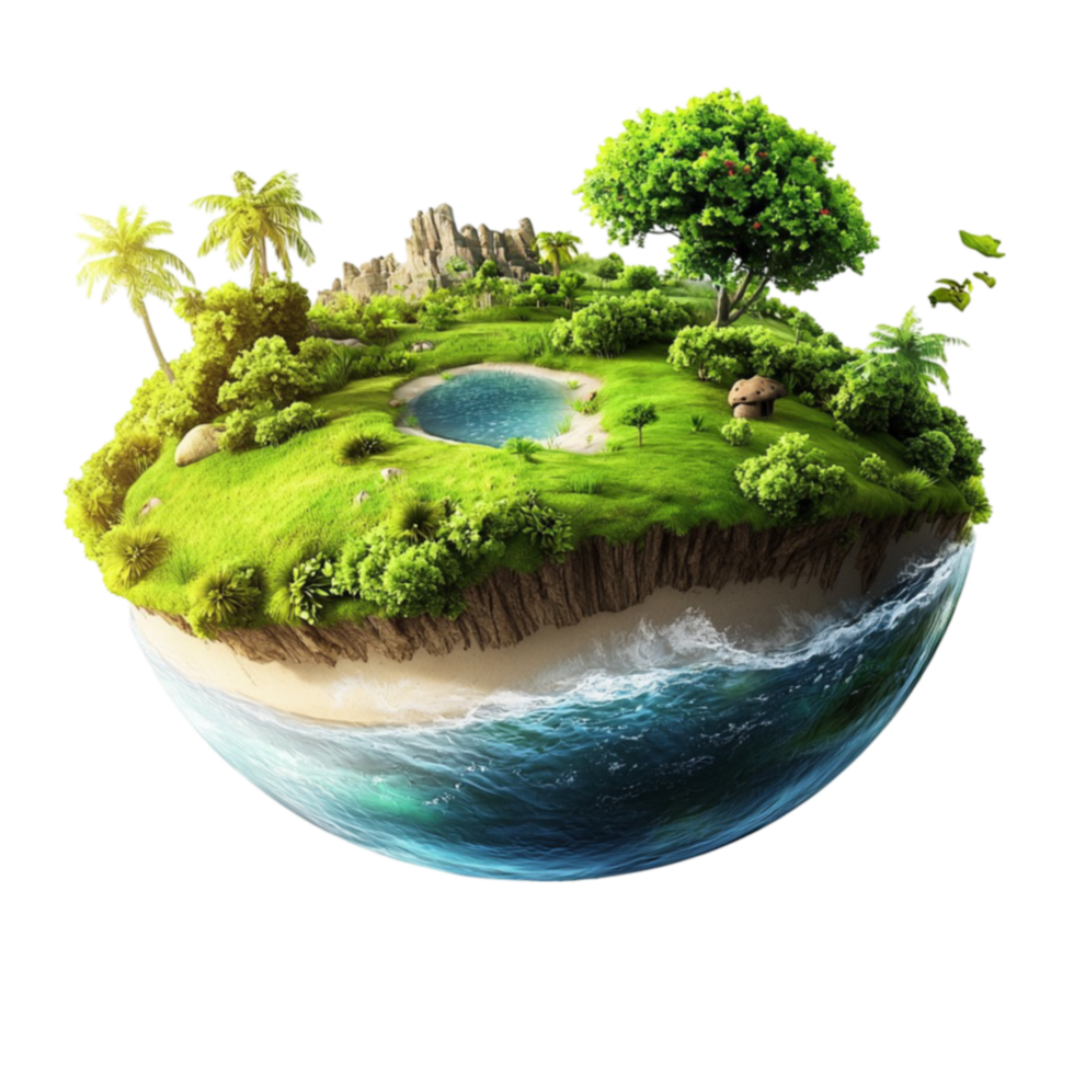 Floating island with lush green grass trees and a small pond looks magical and dreamlike png