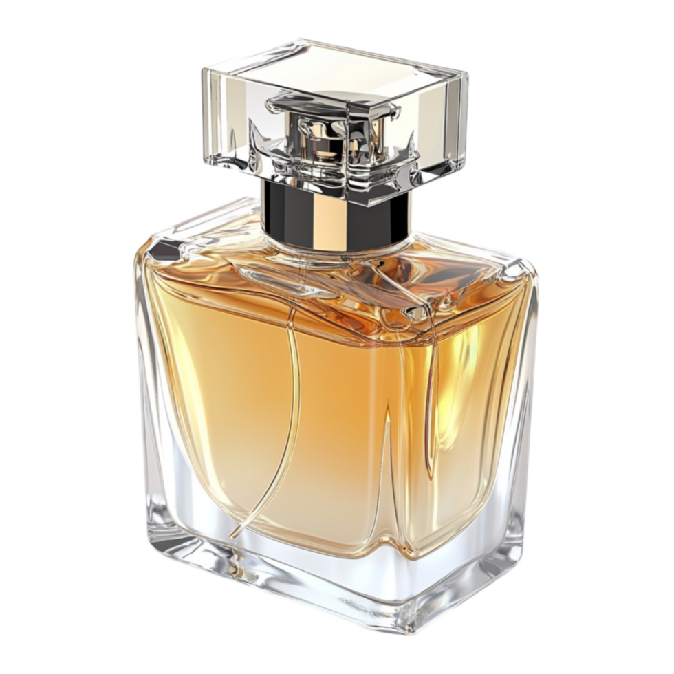 glass perfume bottle with golden inside looks luxurious and fragrant png