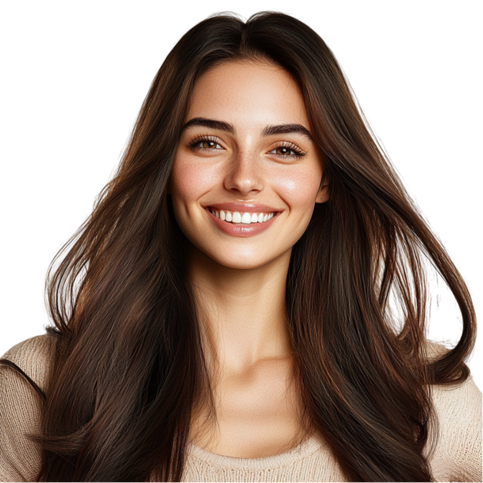 Beautiful woman with thick flowing hair and warm expression looks radiant and happy png