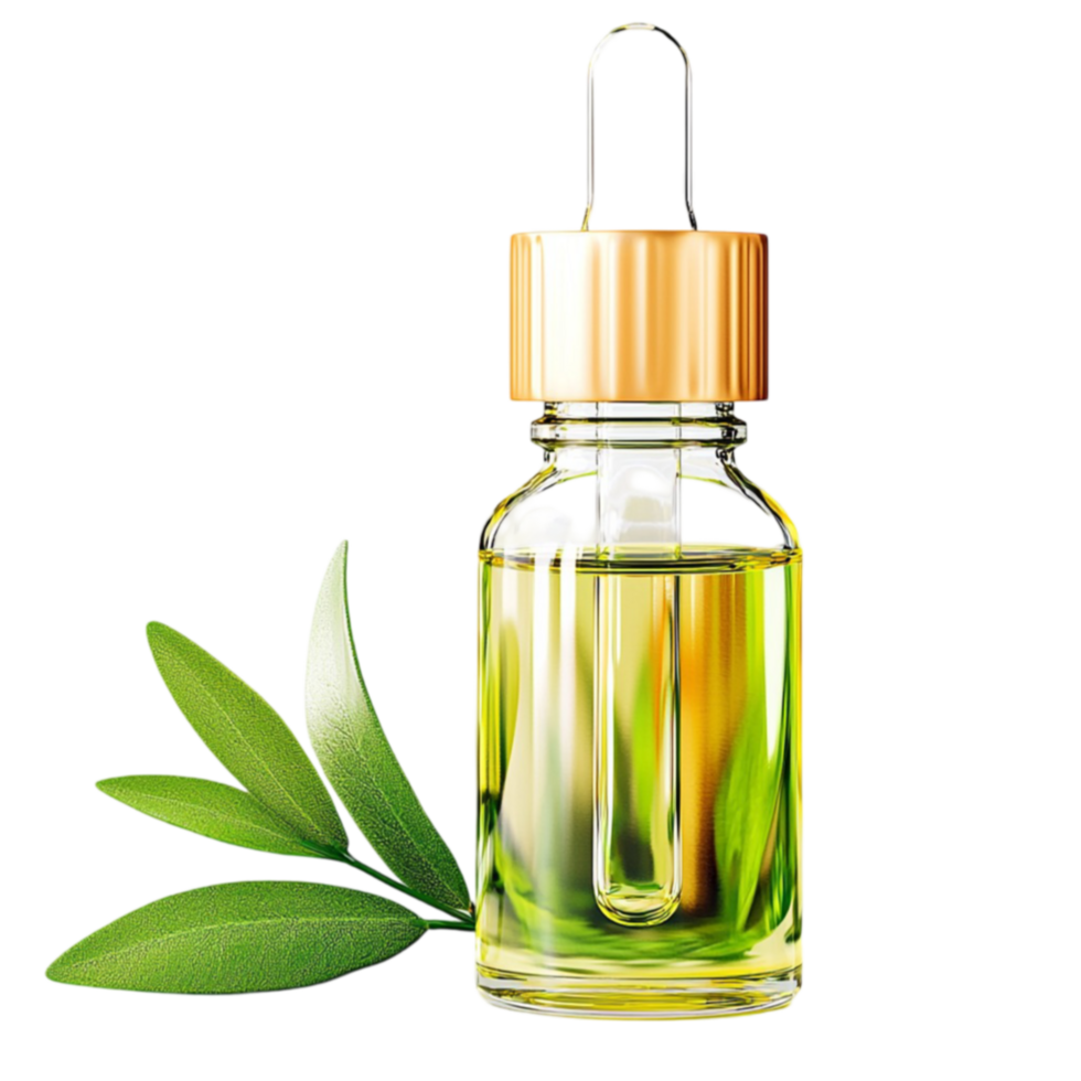 Small glass bottle with golden oil and green leaves looks natural and soothing png