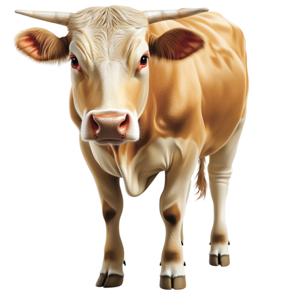 Brown and white cow with large eyes and curved horns looks strong and calm png