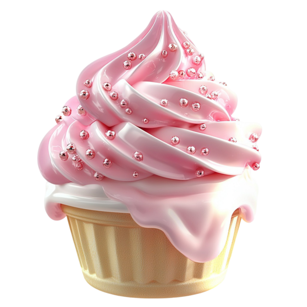 Pink swirled cupcake with glossy frosting and tiny pearls looks sweet and delightful png