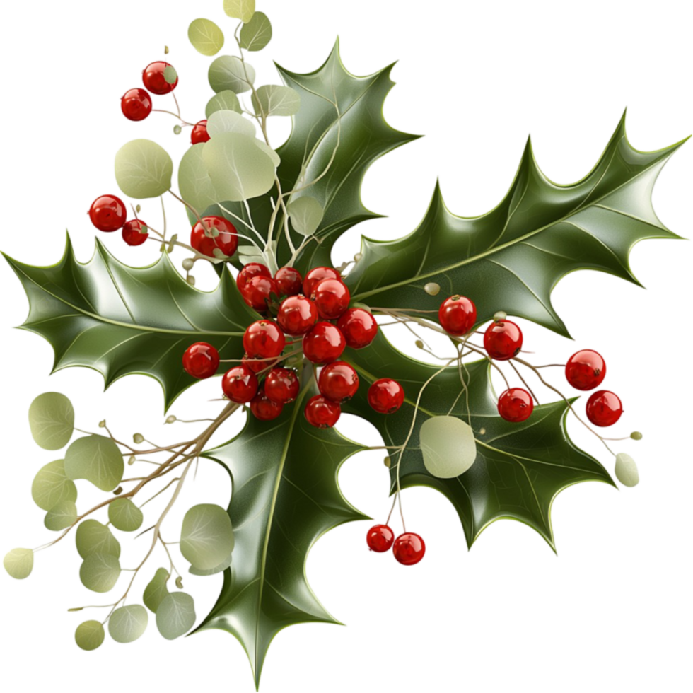 Holly leaves with red and white berries look festive and png
