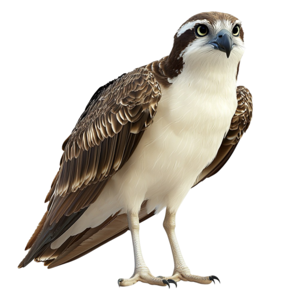 Brown and white osprey with sharp talons and piercing eyes looks alert and majestic png