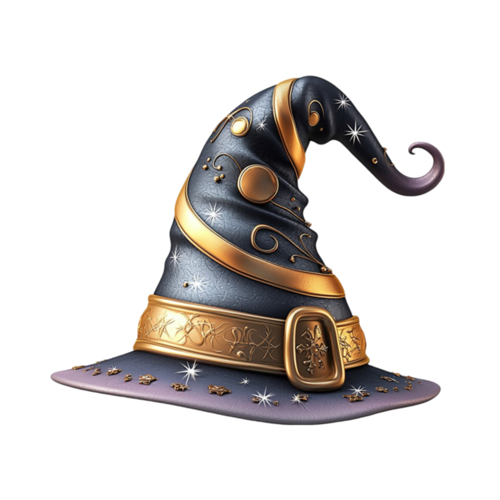 rk blue and gold wizard hat with a curled tip looks magical and mysterious png