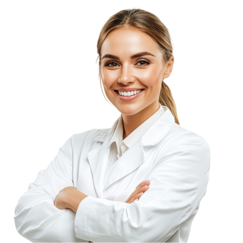 Smiling woman in a white coat with arms crossed looks professional and friendly png