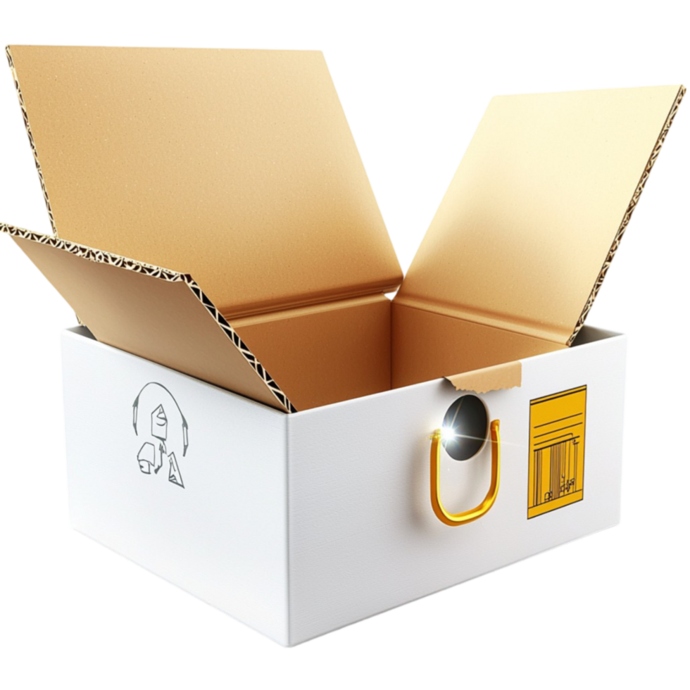 Open white and gold cardboard box with a fragile symbol looks ready for packaging png