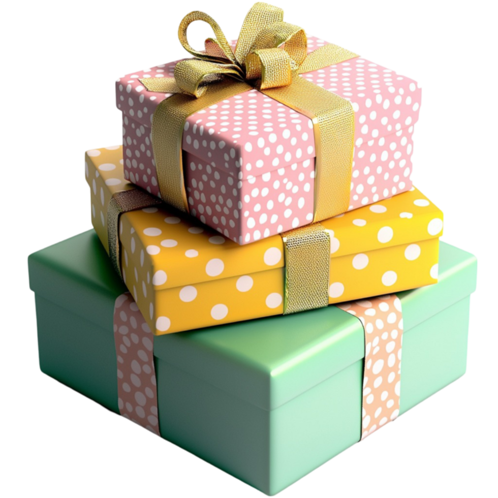 Stack of colorful gift boxes with golden ribbons looks festive and exciting png