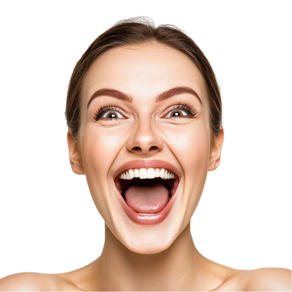 Excited woman with eyes and a big smile looks joyful and energetic png