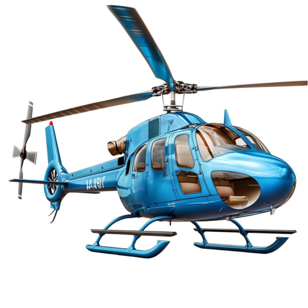 Sleek blue helicopter with tinted windows and propellers looks and fast png