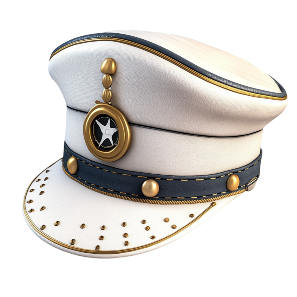 White and navy captains hat with golden accents looks and authoritative png