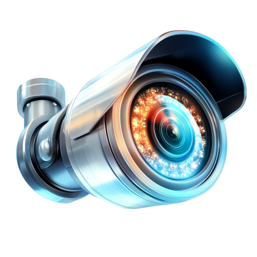 Shiny blue security camera with glowing details looks hightech and futuristic png