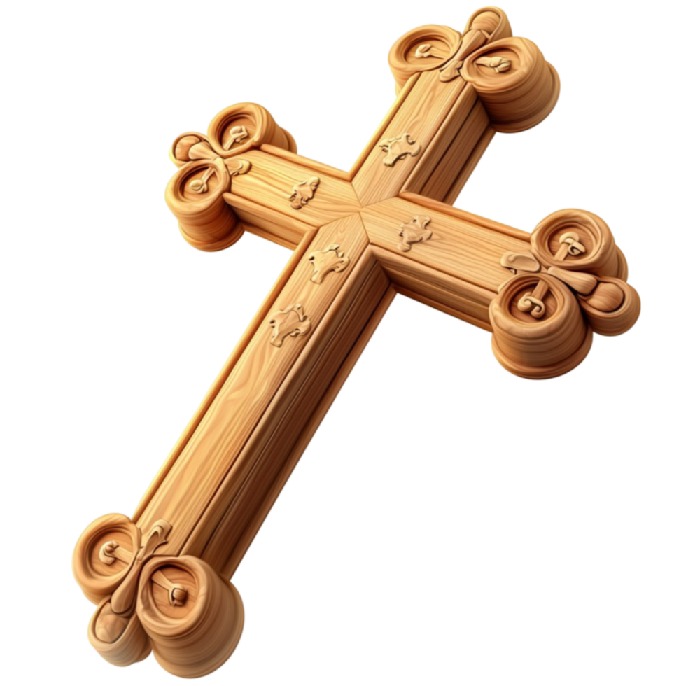 Wooden cross with intricate carvings looks and symbolic png