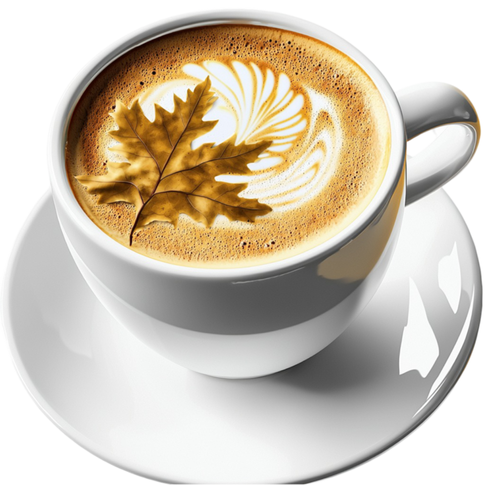 Cup of coffee with golden leaf latte looks warm and inviting png