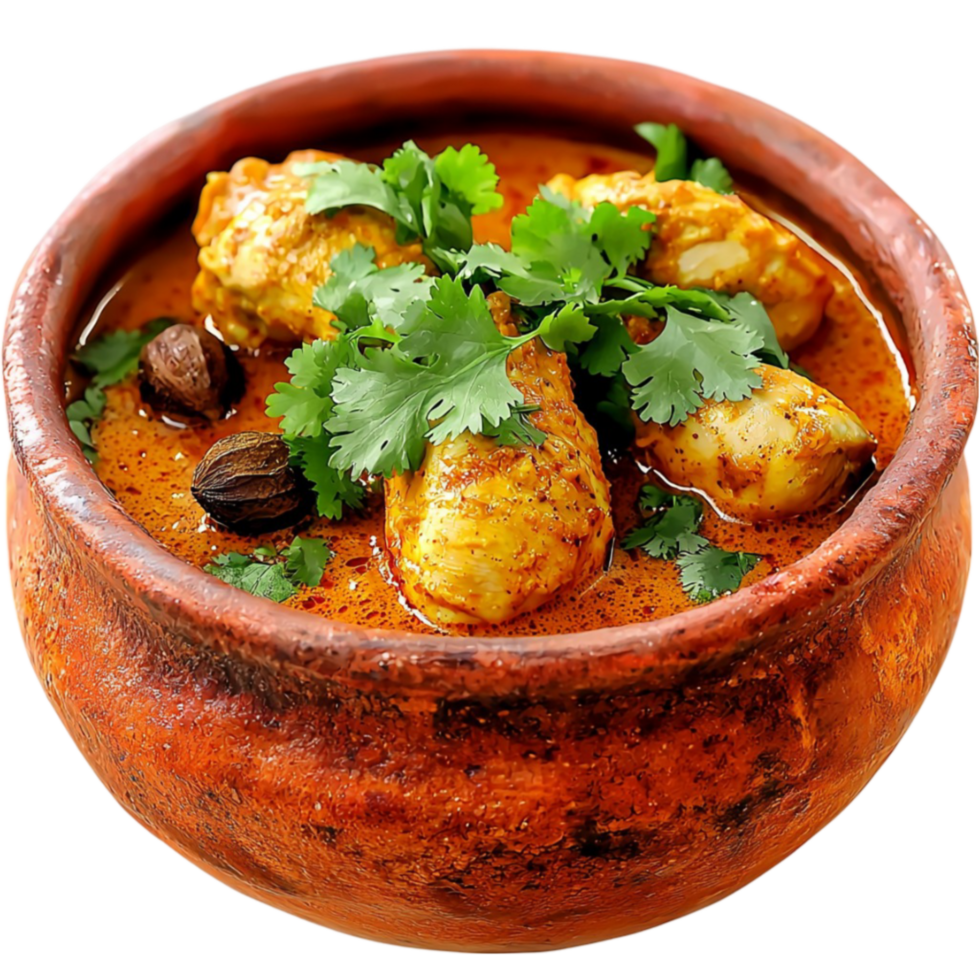Bowl of spiced curry garnished with cilantro looks and flavorful png