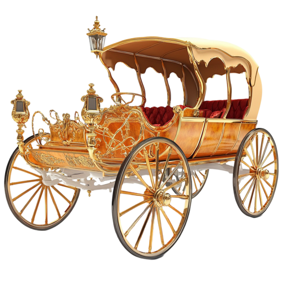 Ornate golden carriage with details and lanterns looks royal and luxurious png
