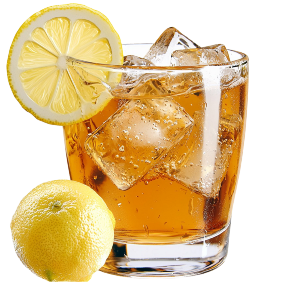 Chilled glass of iced tea with a lemon slice and melting ice cubes looks reing and cool png