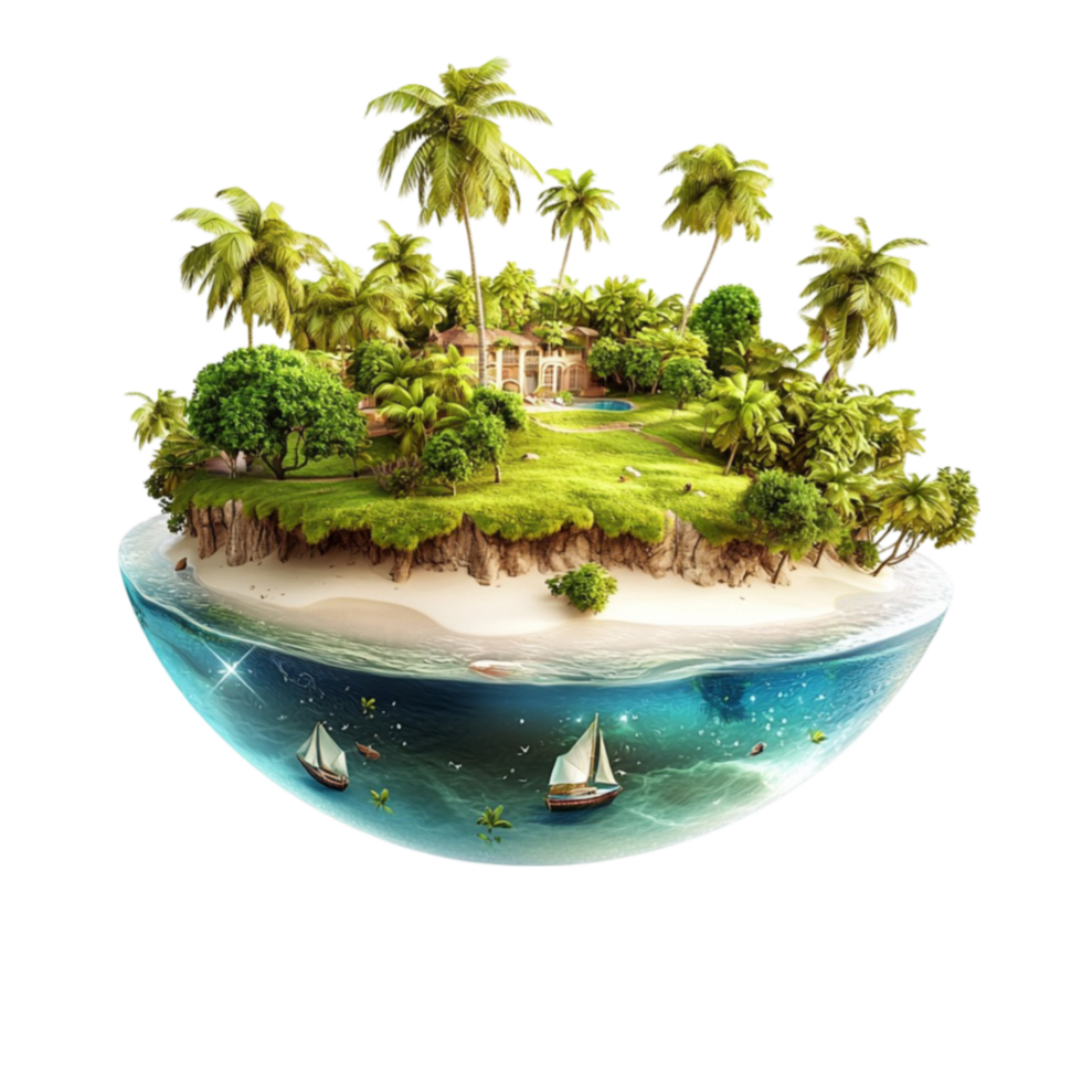 Floating tropical island with palm trees and blue water looks exotic and serene png