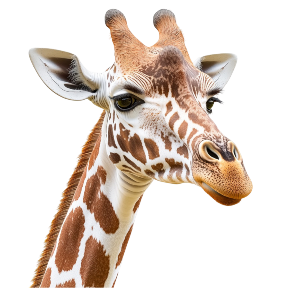 Giraffe with a long neck and spotted fur looks curious and gentle png