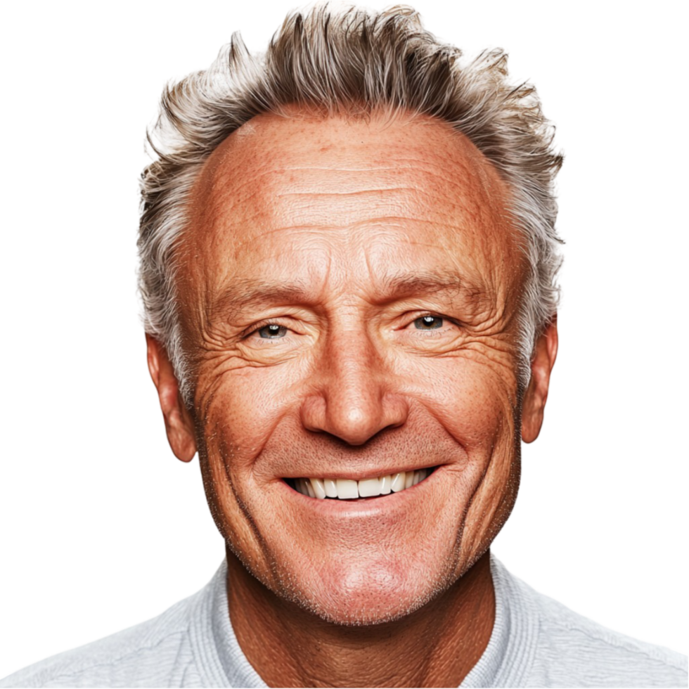 Older man with silver hair and a smile looks warm and charismatic png