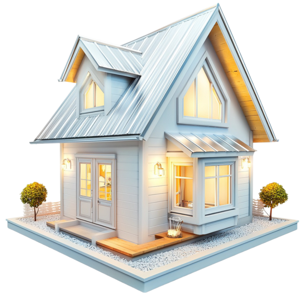 Cozy blueroofed house with warm glowing windows looks inviting and charming png