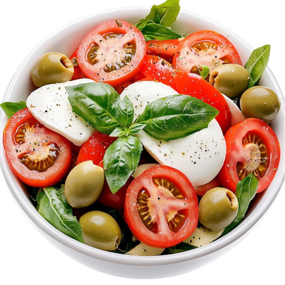 salad with tomatoes basil olives and mozzarella looks colorful and png