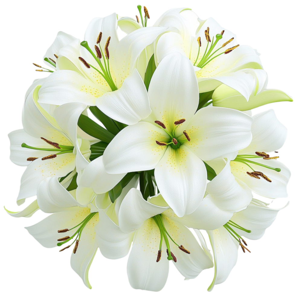 Bouquet of white lilies with green leaves looks pure and png