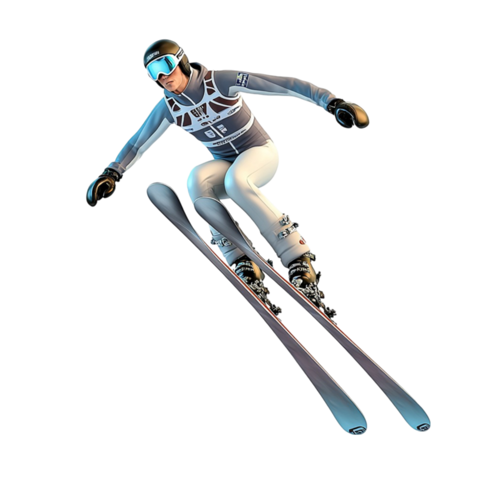 Professional skier in a sleek blue suit miir in a dynamic pose looks fast and skilled png