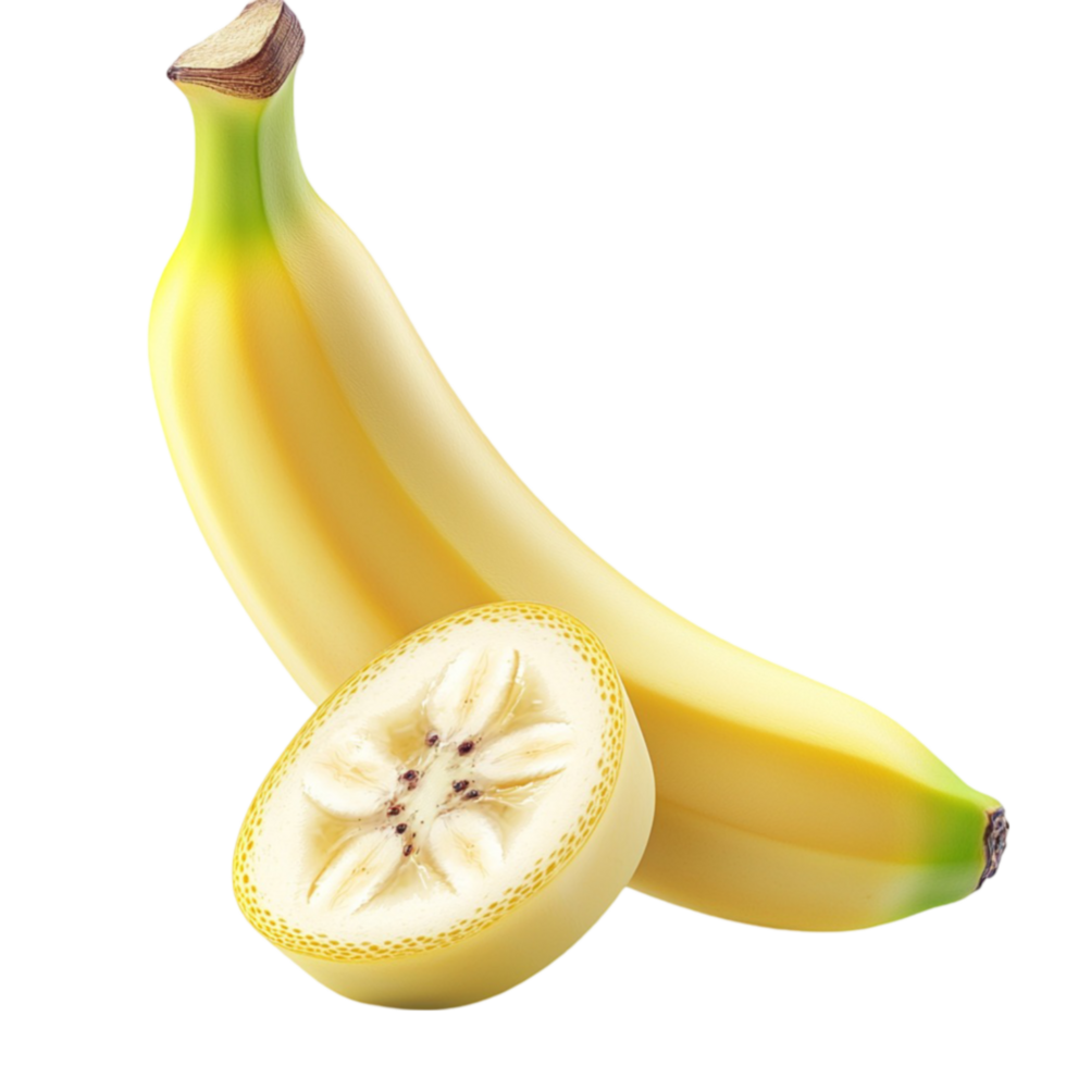 Ripe yellow banana with a sliced half revealing its texture looks and png