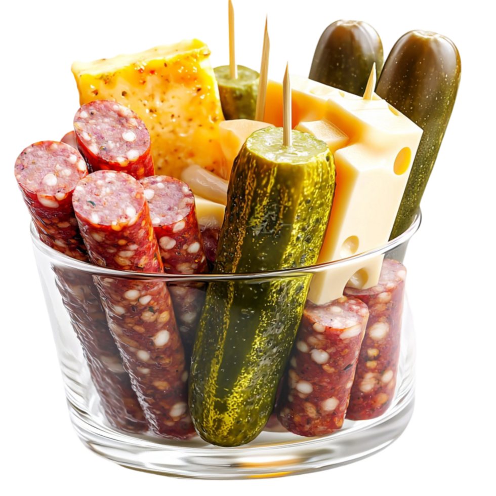 Glass filled with pickles cheese and cured meats looks savory and appetizing png
