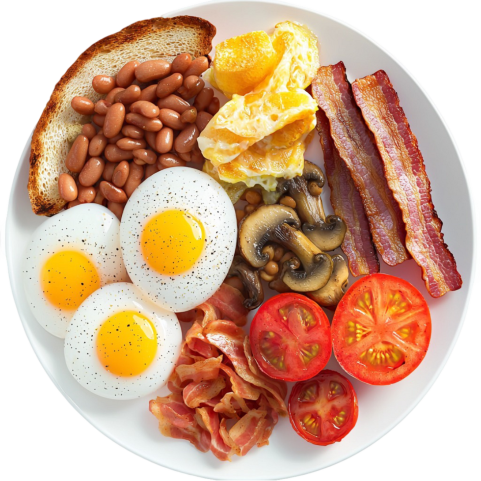 Hearty breakfast plate with eggs bacon and beans looks and filling png