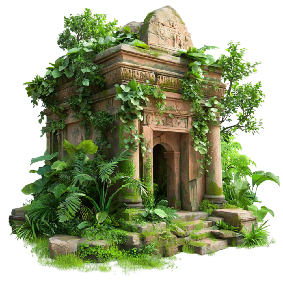 Ancient stone temple covered in green vines looks mysterious and abandoned png