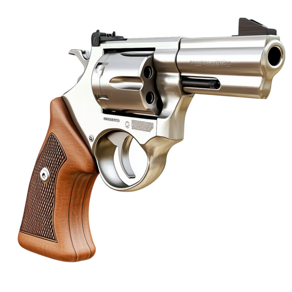 Silver revolver with a wooden grip and polished barrel looks powerful and realistic png
