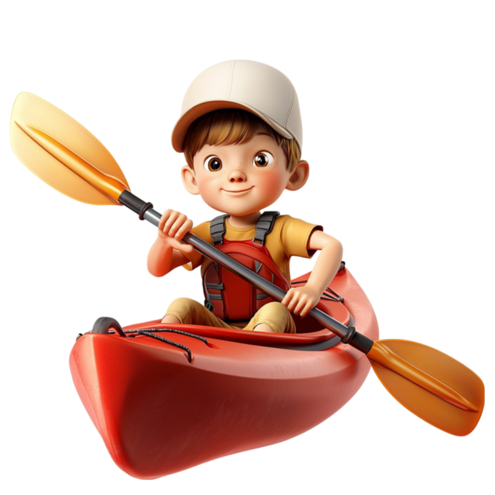 Cartoonstyle boy paddling a red kayak with enthusiasm looks adventurous and energetic png